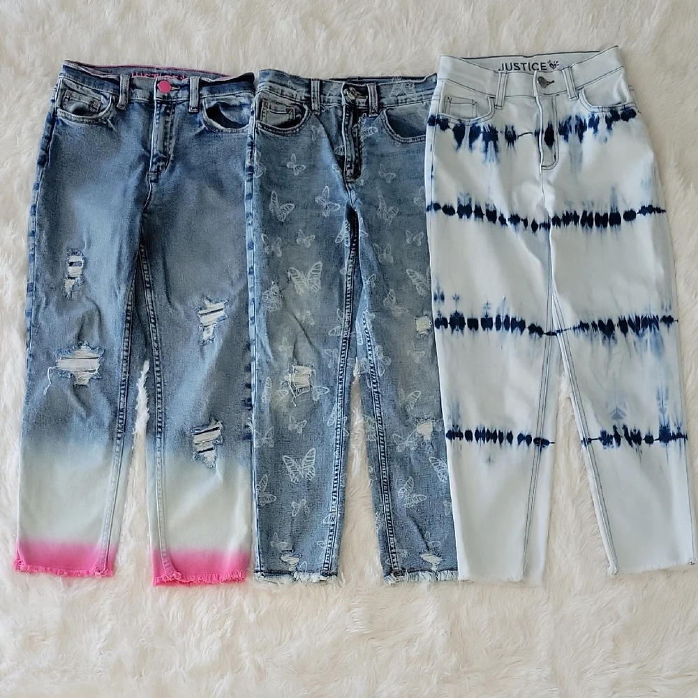 Justice Jeans Bundle 3 Pairs Girls Size 12 Slim Mini Mom Ombre Butterfly Tie Dye
